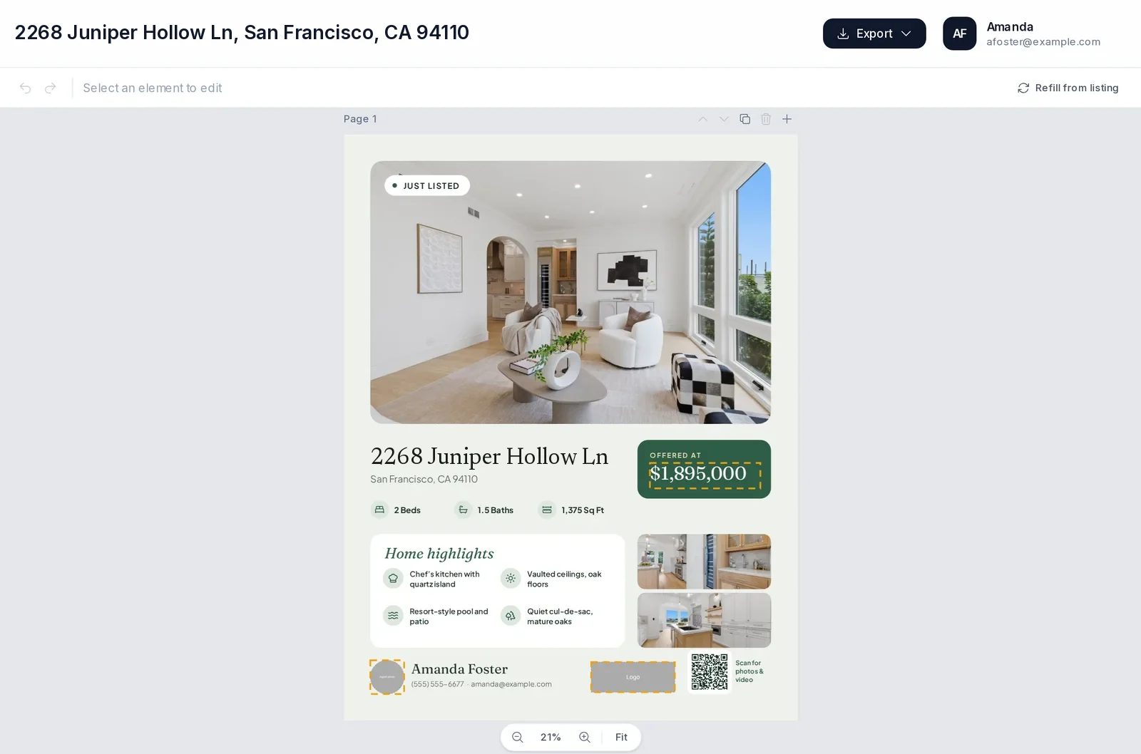 The flyer builder with a Just Listed flyer filled with the listing’s photos, price and agent details
