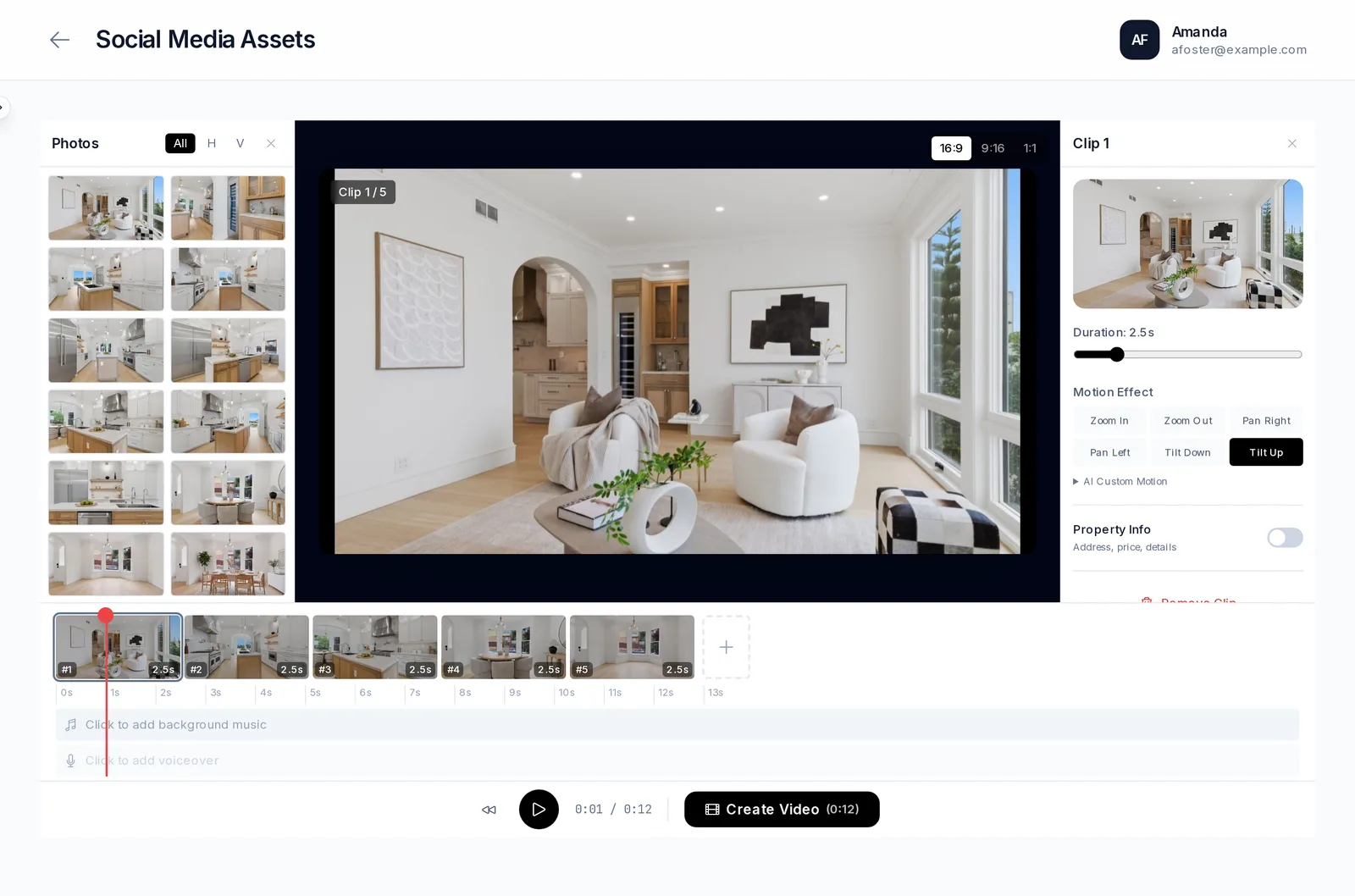The video builder with five listing photos on a timeline, a motion effect picked for the first clip, and music and voiceover tracks